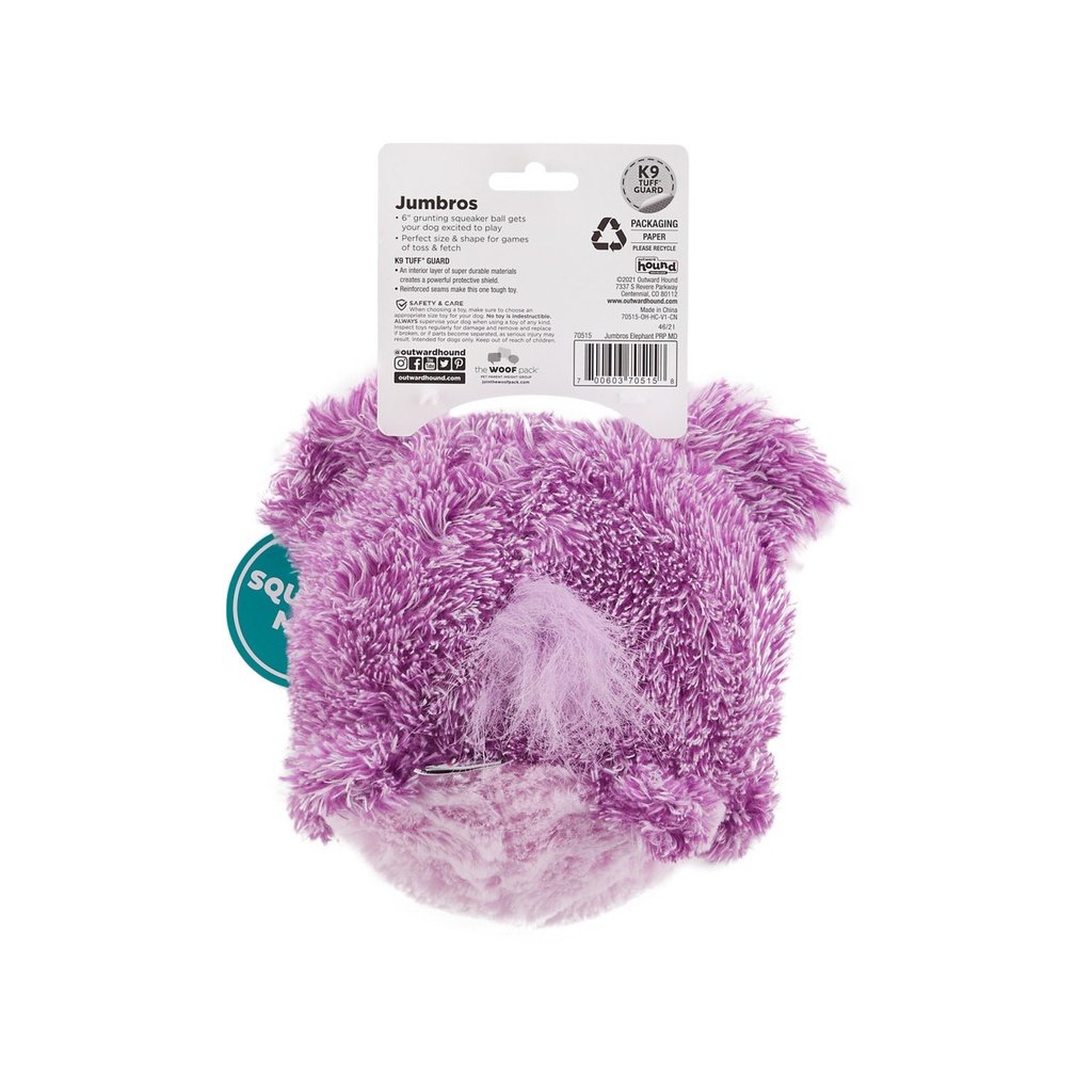 OUTWARD HOUND Jumbros Grunting Dog Toy Ball Purple Elephant