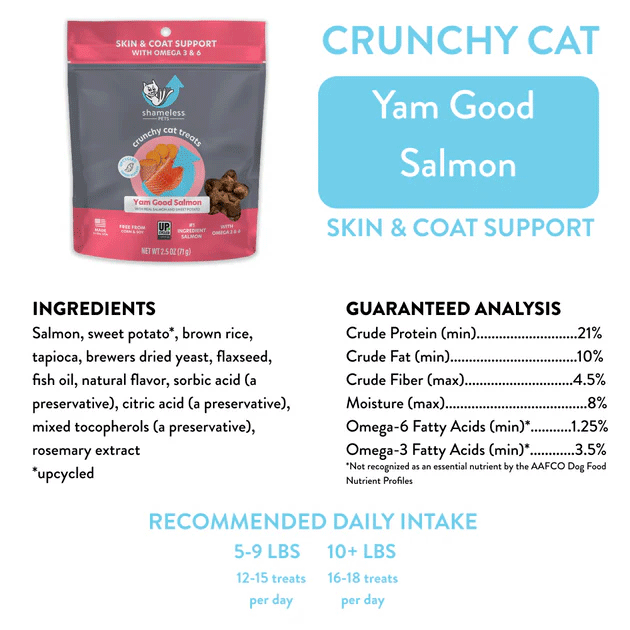 SHAMELESS PETS Crunchy Cat Treats Yam Good Salmon 2.5oz