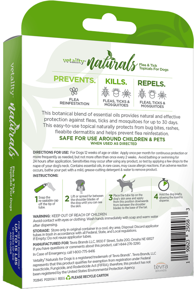 TEVRA Vetality Naturals Flea & Tick Topical for Dogs up to 15 lbs 3pk