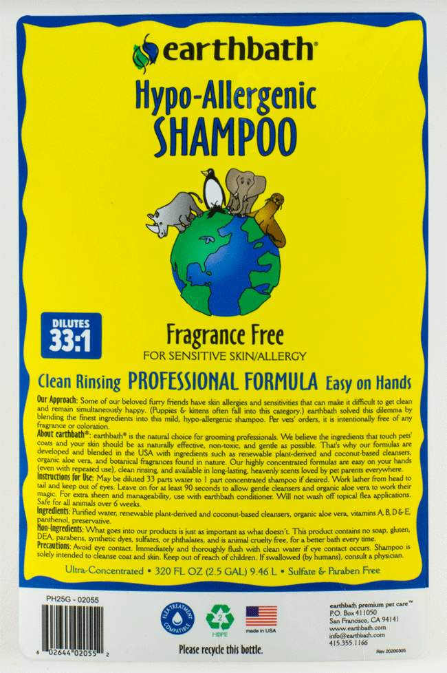 EARTHBATH Hypo-Allergenic Shampoo Fragrance-Free 2.5 Gallons