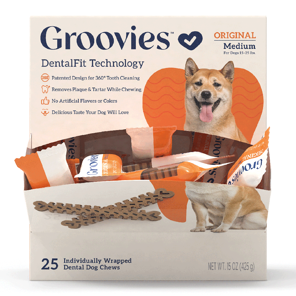 GROOVIES Dog Dental Chew Gravity Box Medium 25ct