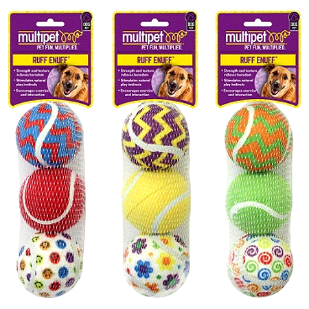 MULTIPET Tennis Ball Assorted Designs 3pk