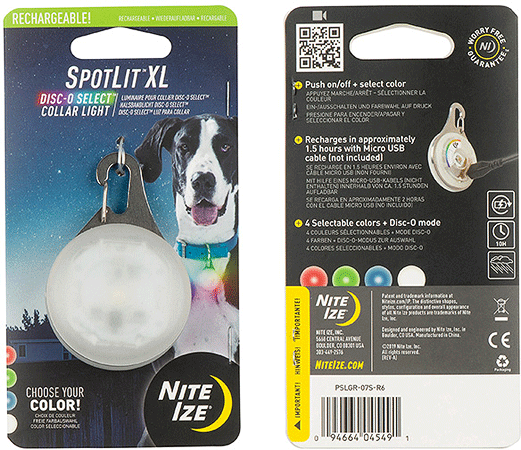 NITE IZE SpotLit Collar Light Rechargeable XL Disc-O Select