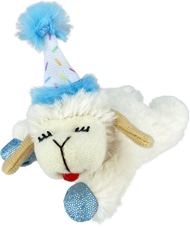 MULTIPET Lamb Chop w/Birthday Hat Cat Toy 4" Blue