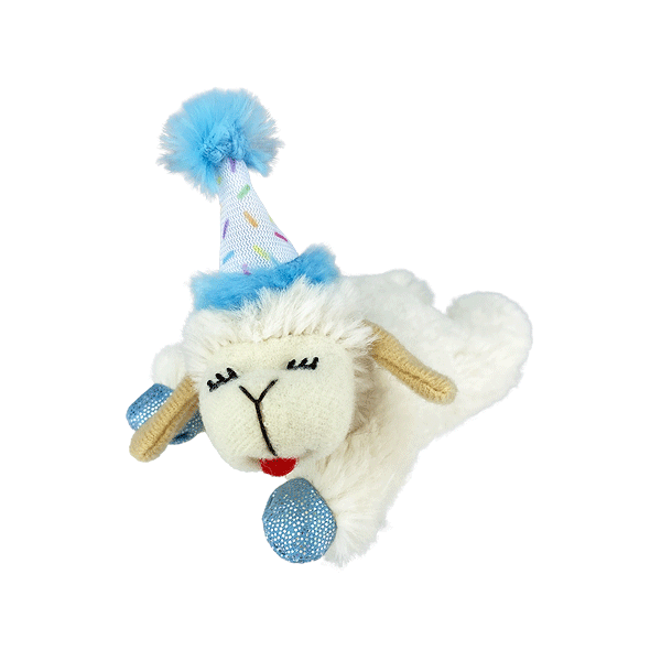 MULTIPET Lamb Chop w/Birthday Hat Cat Toy 4" Blue