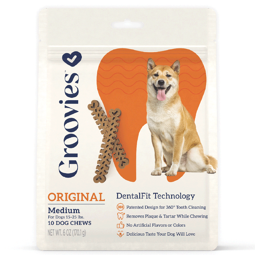 GROOVIES Dog Dental Chews 6oz Medium 10ct