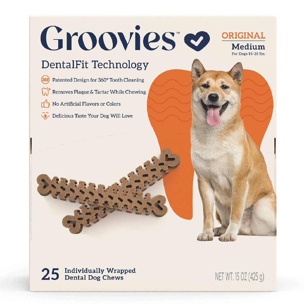 GROOVIES Dog Dental Chews Gravity Box Medium 25ct