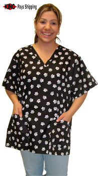 STYLIST WEAR Patterned Scrub Top Black w/Paws L