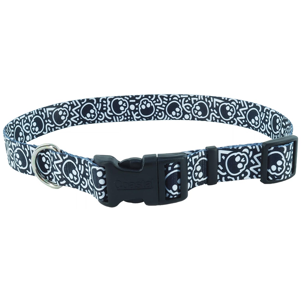 PET ATTIRE Adj Collar - 5/8 x 10-14in - Black w/Skulls