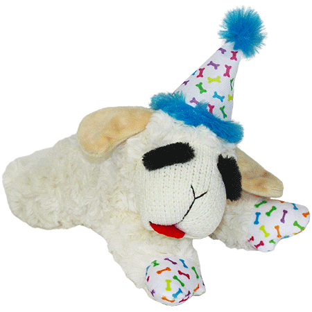 [MP48747] MULTIPET Lamb Chop w/Birthday Hat Dog Toy 10.5" Blue