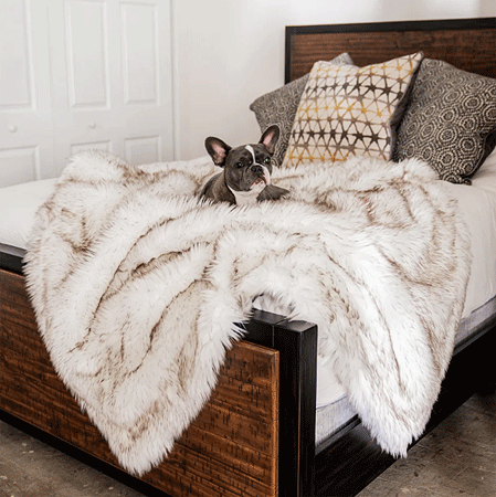 [PUP91070] *PAW PupProtector Waterproof Throw Blanket Faux Fur White w/Brown Accents Original